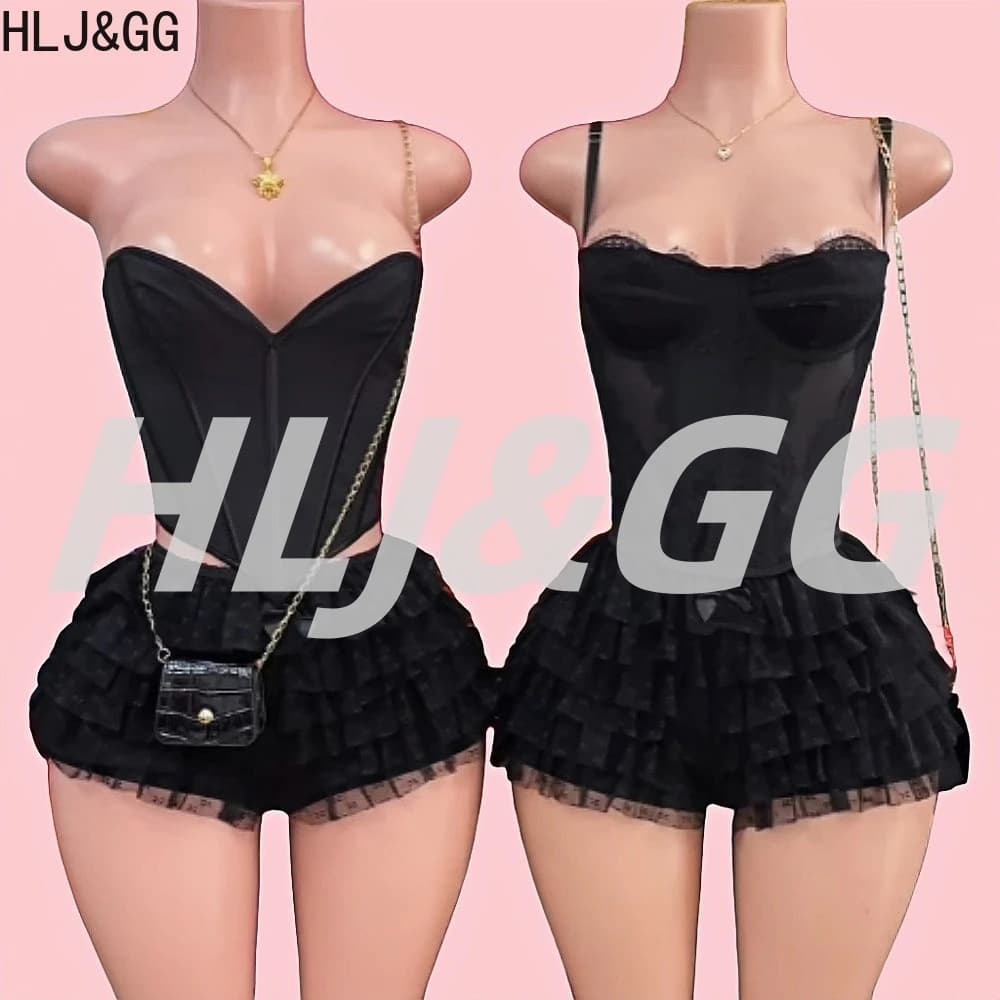 HLJ&GG Corsetto con fasciatura sexy con spalle scoperte nero Set da due pezzi Top corto sottile da donna e minigonne con volant in pizzo Abiti streetwear