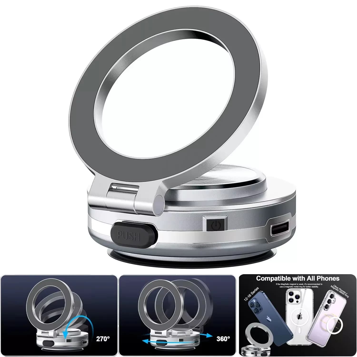Supporto per telefono per auto con aspirazione magnetica per vuoto elettrico 360 ° Supporto per telefono con rotazione