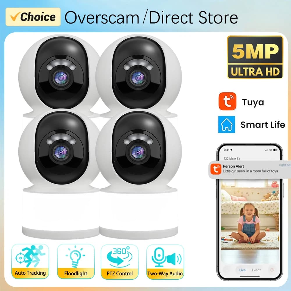 Telecamera Interna Tuya Smartlife 5MP con Rilevamento Umano, Luce di Sicurezza, Monitoraggio Wireless WiFi per Casa e Bambini, Tracciamento Automatico, Audio Bidirezionale