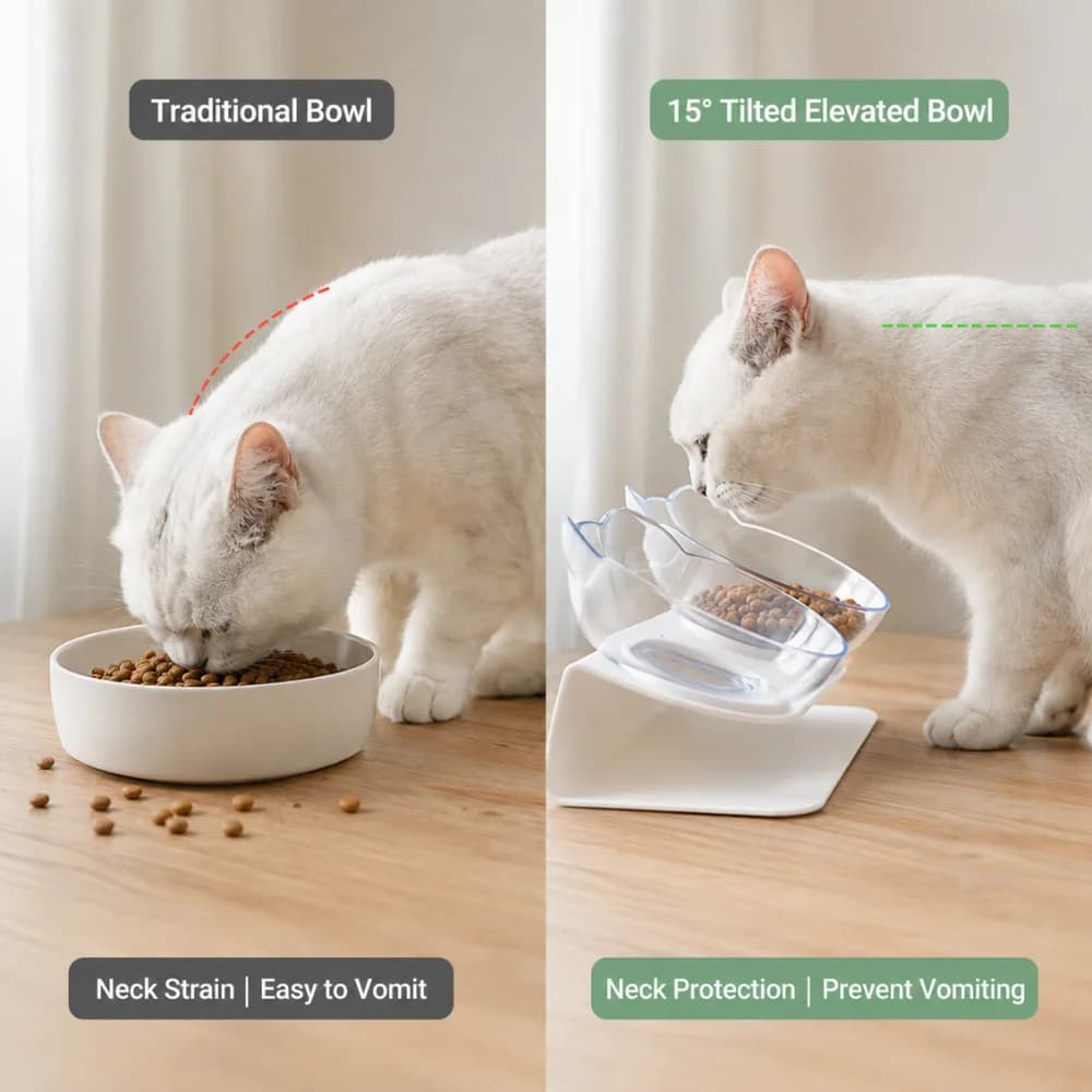 15 Degree Tilted Orthopedic Cat Bowl Cute Cat Ear Non-Slip Transparent Double Food Water Bowls Detachable Pet Feeder Supplies