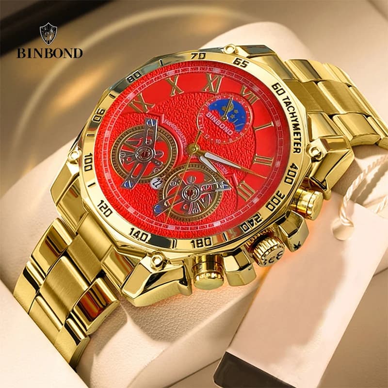 BINBOND Luxury Brand Quartz Men's Watch Fashionable Design Stainless Steel 30M Men's Watch Casual Bright Waterproof