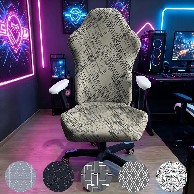 Beige Abstract Line Gaming Chair Cover, Stretch Elastic Anti-Scratch Slipcover for Gamer & Office Chair