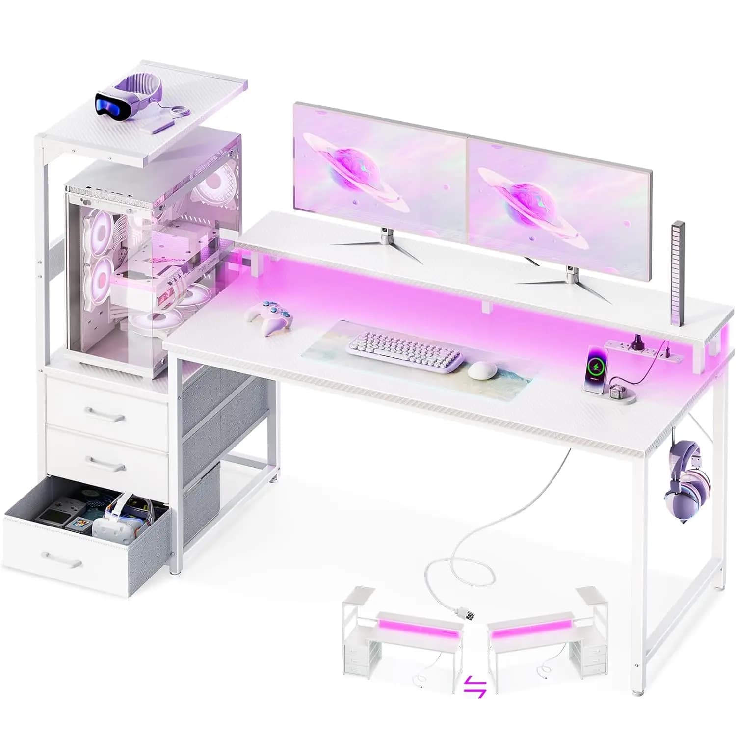 Scrivania da Gaming 59 Pollici con Porte USB, Luce LED, 3 Cassetti, Supporto per Monitor e CPU, Gancio Laterale, Moderna per Ufficio, Bianca, Personalizzabile