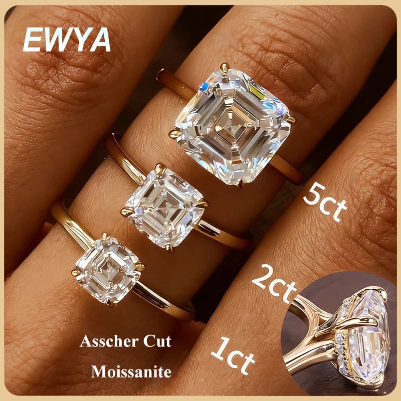 EWYA Asscher Cut 1/2/3/5CT 3EX Moissanite Solitario Anelli di fidanzamento per le donne s925 Argento da sposa Nascosto Halo Grande fascia di diamanti