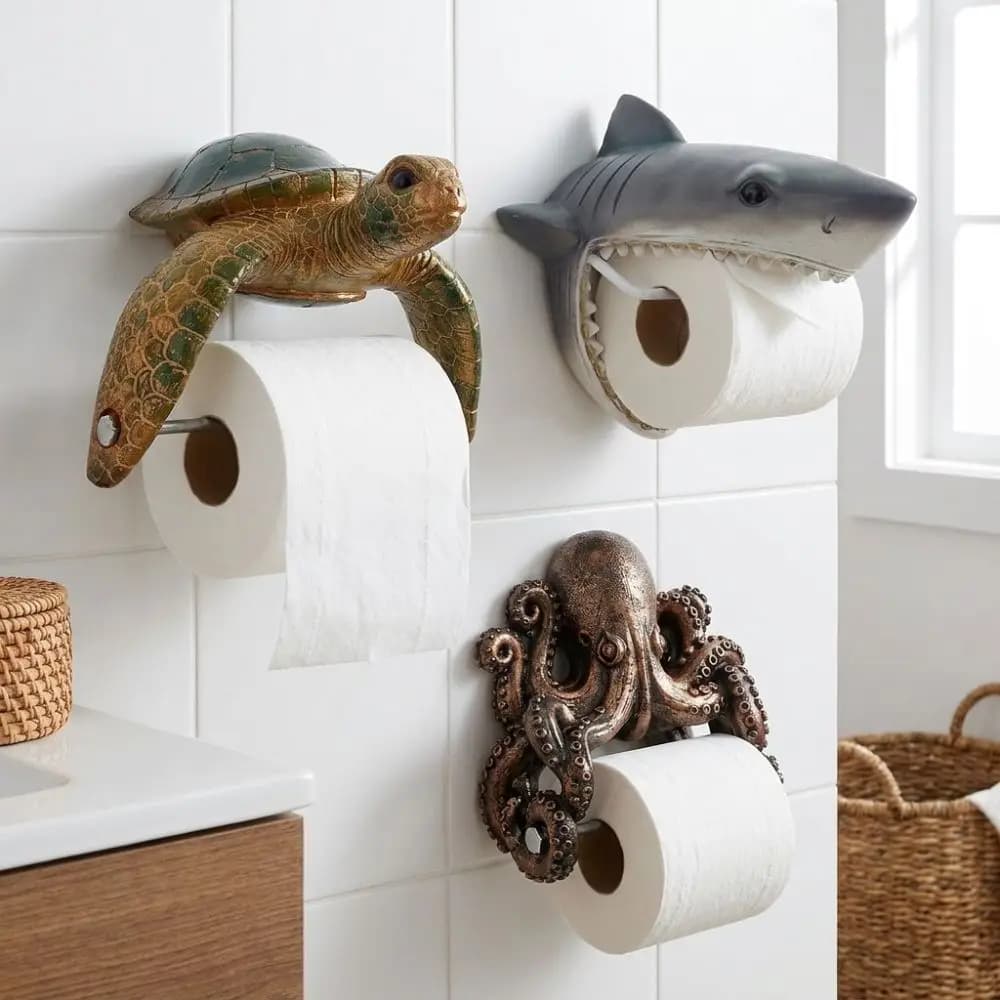 Resin Sea Turtle Toilet Paper Holder Cute Beach Themed Bathroom Tissue Holder Realistic Turtles Sharks Toilet Roll Holder