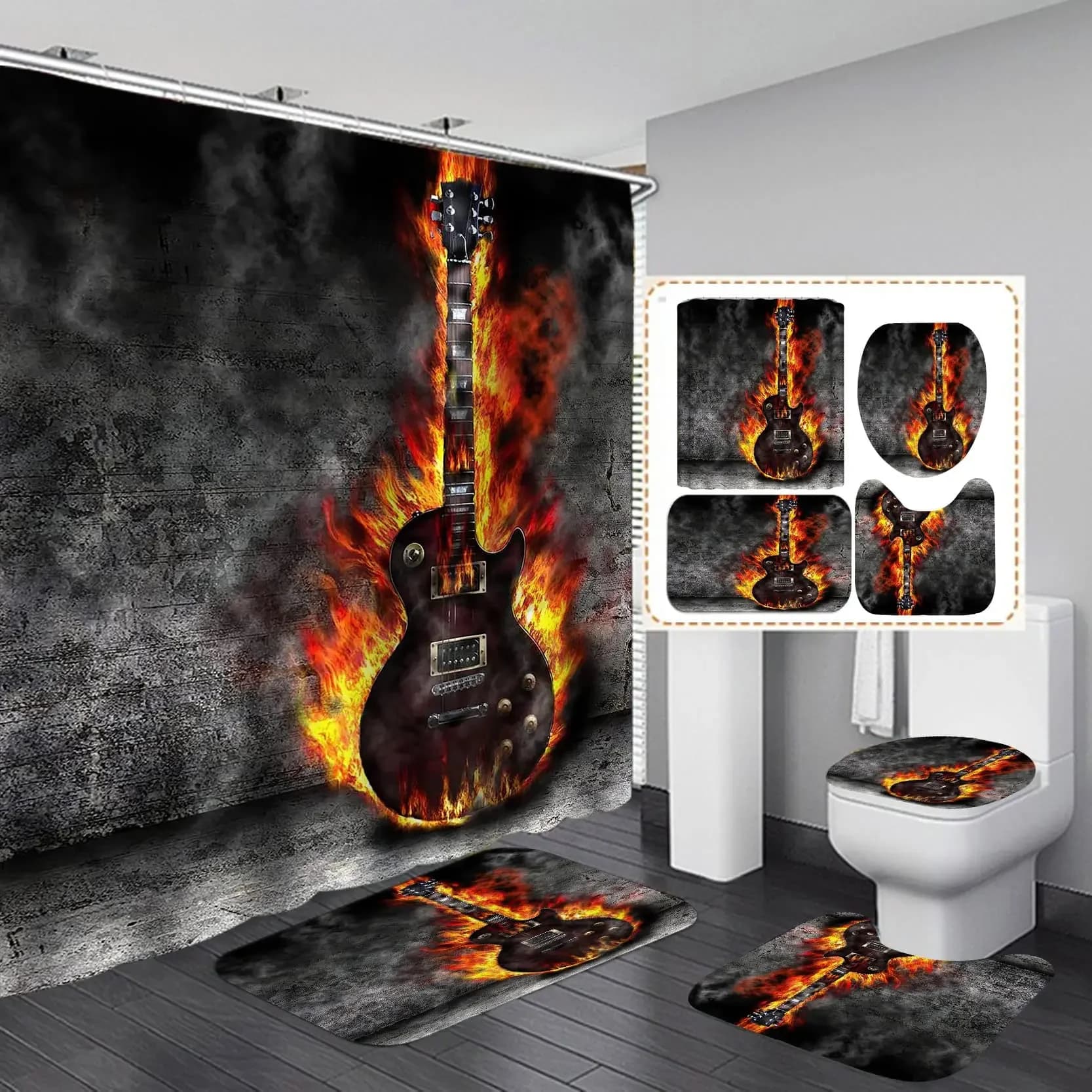 Set di tende da doccia per chitarra elettrica a fuoco da 4 pezzi, set da bagno moderni con parete in pietra impermeabili, tappetini da bagno antiscivolo tappetino da toilette