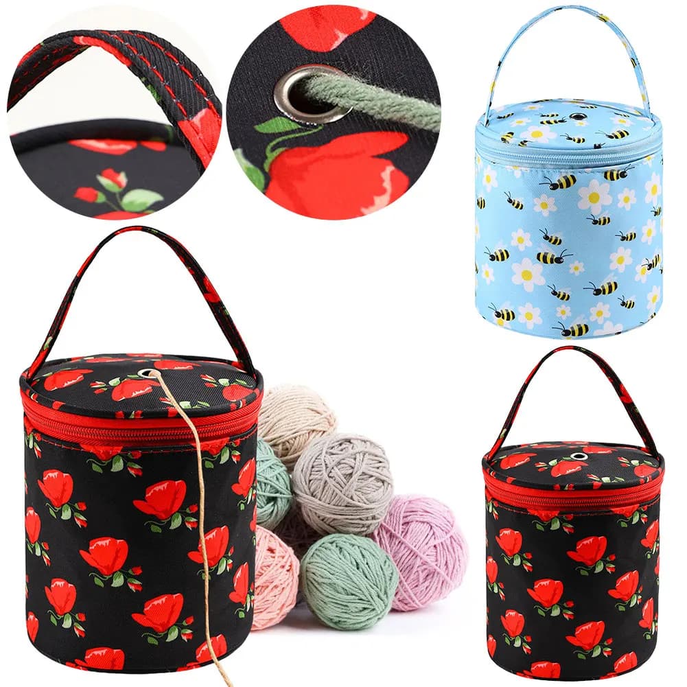 Oxford Crochet Bag Rose Pattern Yarn Storage Tote Bag with Handle Short Perforated for Hooks Knitting Needles