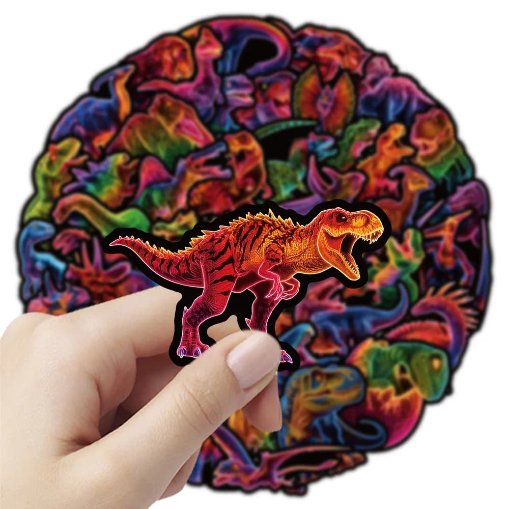 50PCS Cartoon Neon Dinosaur Stickers Holographic Reflective Colorful Laser Decorate Phone Helmet Car Waterproof Stationery Decal