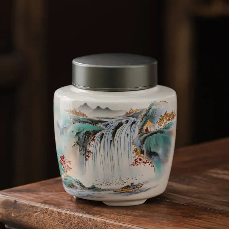 Ceramic Landscape Flower Tea Caddy Portable Candy Jar Household Multifunctional Nut Coffee Bean Medicinal Material Storage Jar