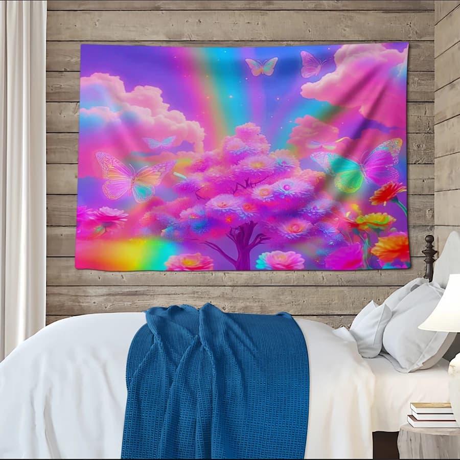 1PC Digital Printed Tapestry Wall Hanging, Rainbow Cloud Butterfly Flower Tree, Dreamy Pastel Kawaii Bedroom Decor