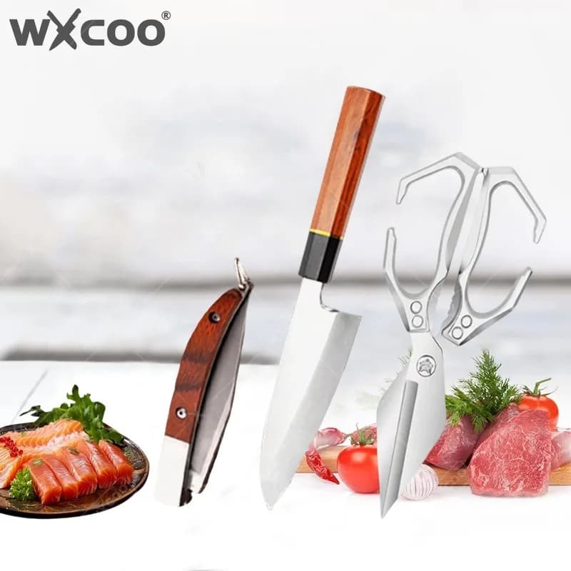 WXCOO Professional Fish Fillet Knife Japanese Kiritsuke Knife with Octagonal Handle Kitchen Scissors Set Stainless Steel BBQ