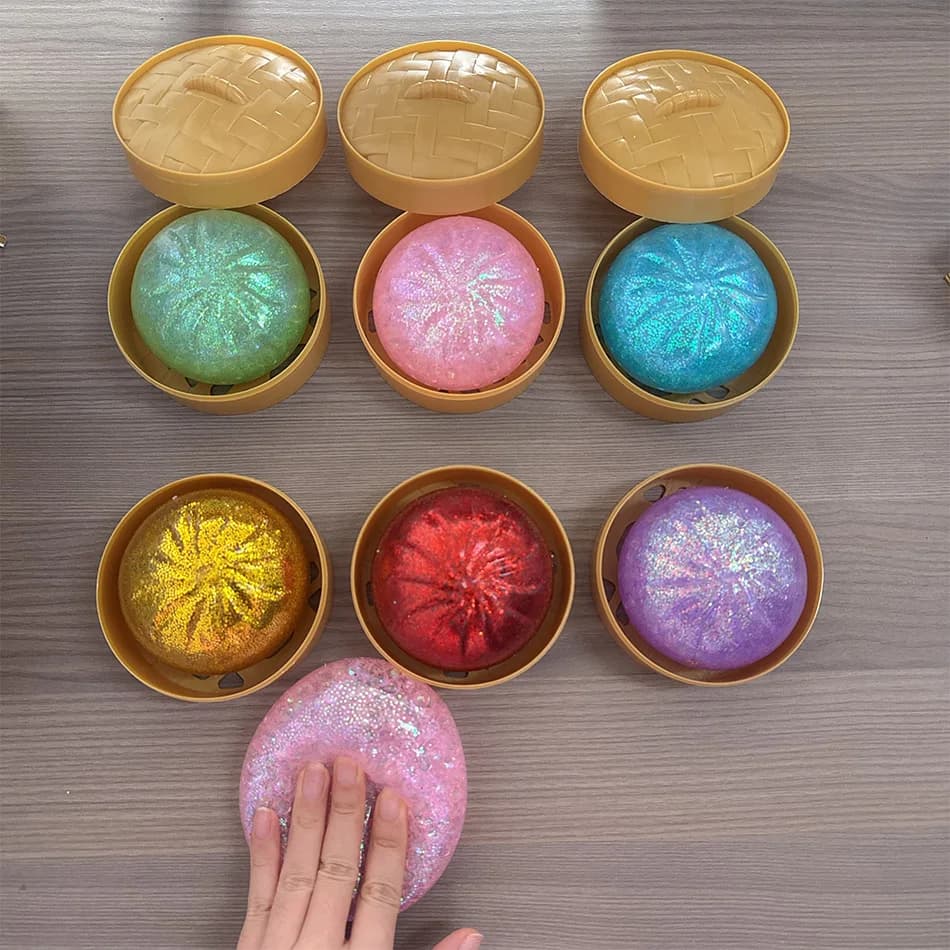 Squishy colorati a forma di raviolo, palline antistress con vaporiera, giocattoli riutilizzabili e rimbalzanti per alleviare lo stress, palline di pasta, regali per casa e ufficio