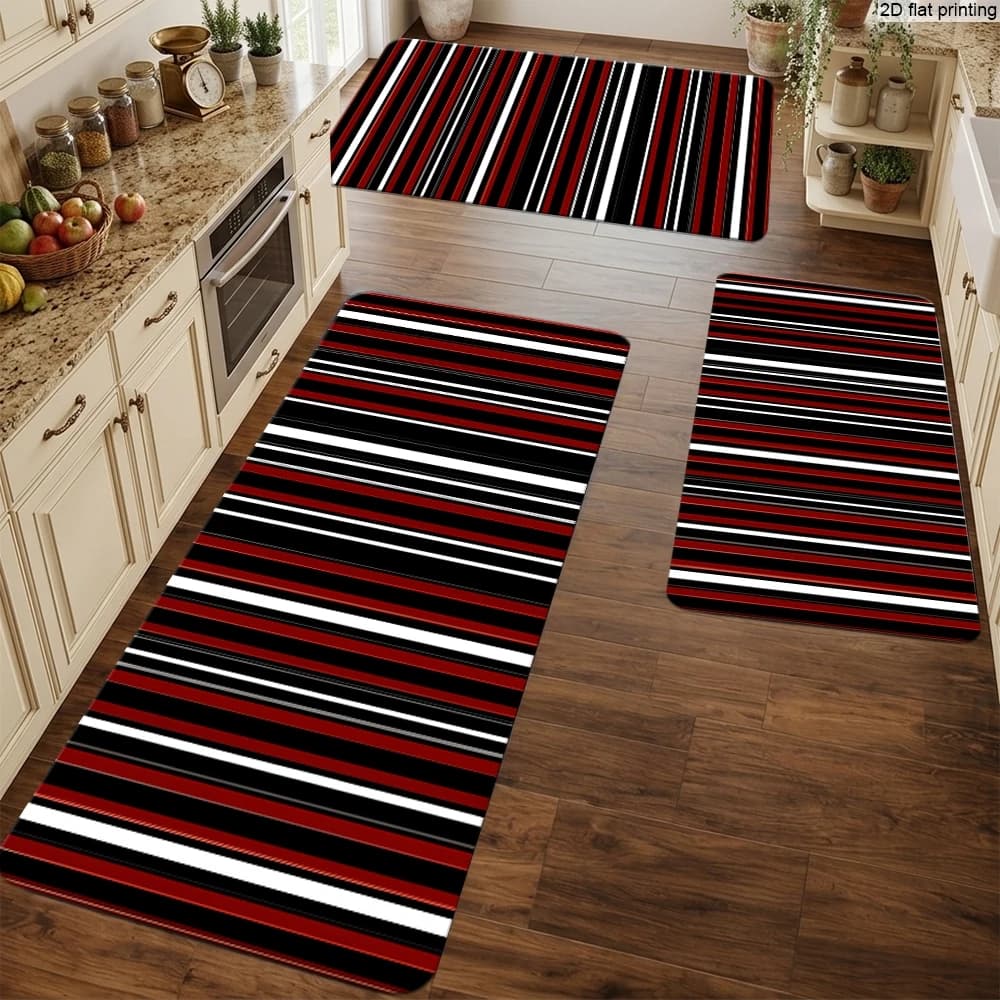 Red and Black Striped Small Carpet, Multi-Size Non-Slip Household Mat, Simple 2D Flat Printed Rug, Suitable for Various Settings Such as Kitchen, Bedroom, Living Room, Entryway, Etc., Durable and Stain-Resistant, Washable, Available in Multiple Sizes