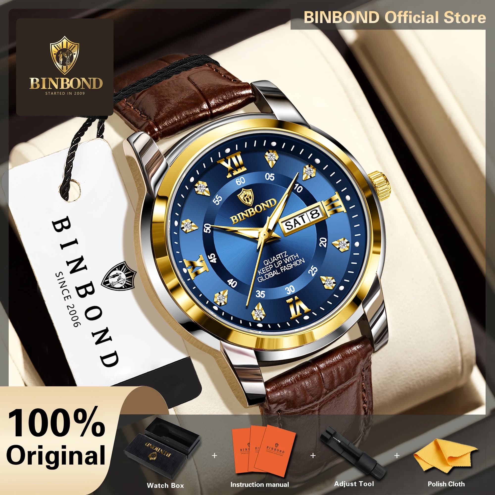 BINBOND Waterproof Luxury Quartz Wristwatches For Men Luminous Men's Watch Leather Strap Reloj Relogios Masculino +Gift Box