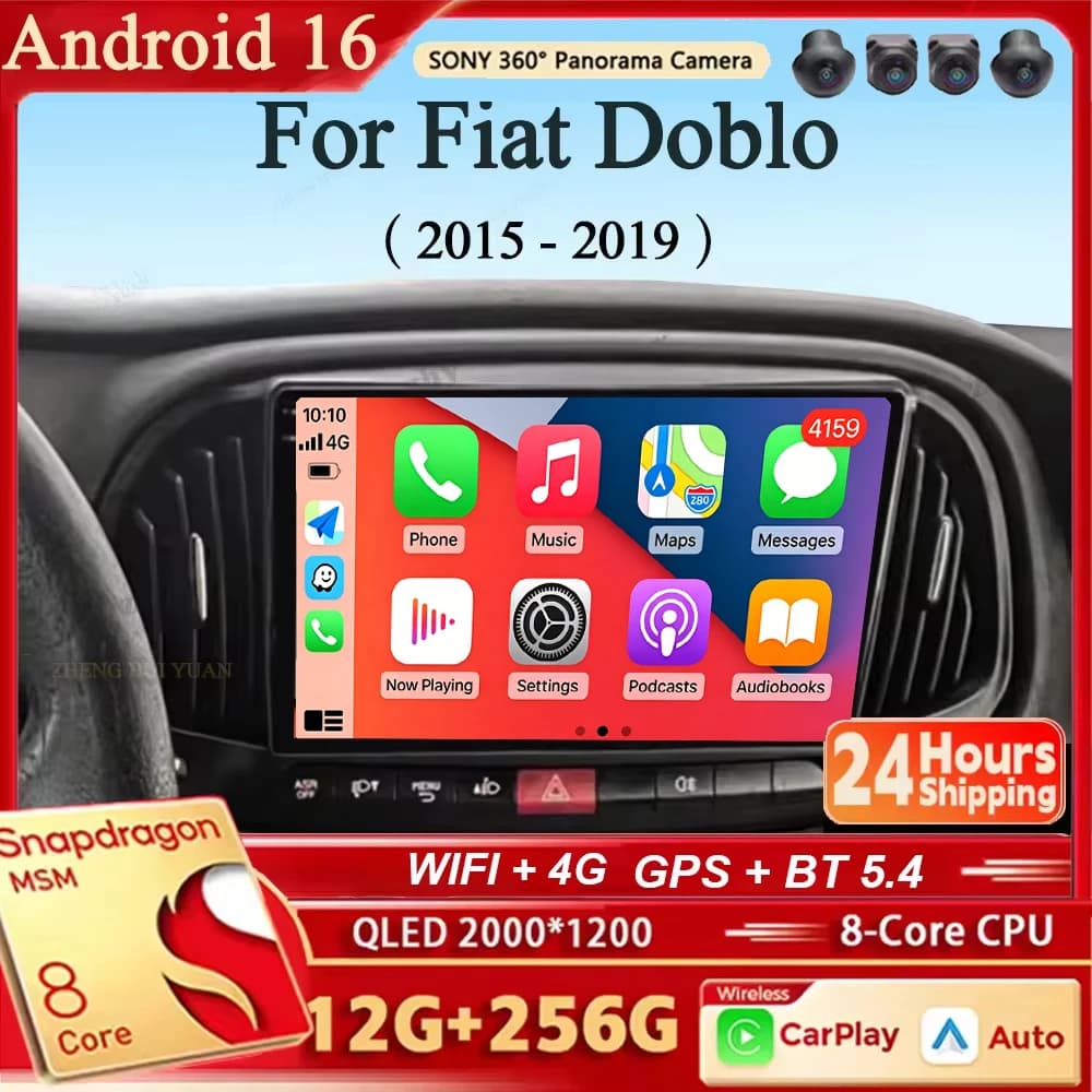 Autoradio Android 16 con Navigazione, Lettore Multimediale Stereo, Carplay e Auto per Fiat Doblo 2015 2016 2017 2018 2019 2020