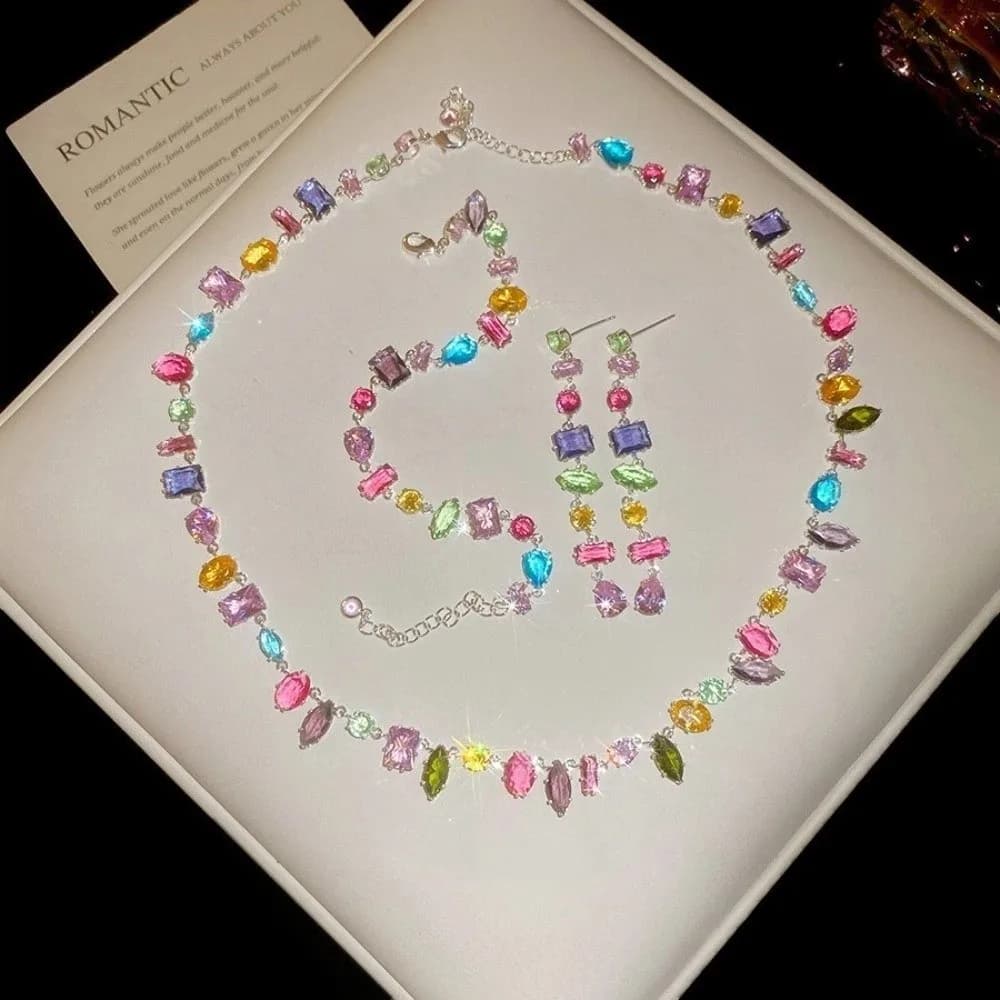 Rainbow Colored Crystal Candy Necklace Adjustable Irregular Zircon Bracelet Earrings Jewelry Fashion Jewelry Accessories
