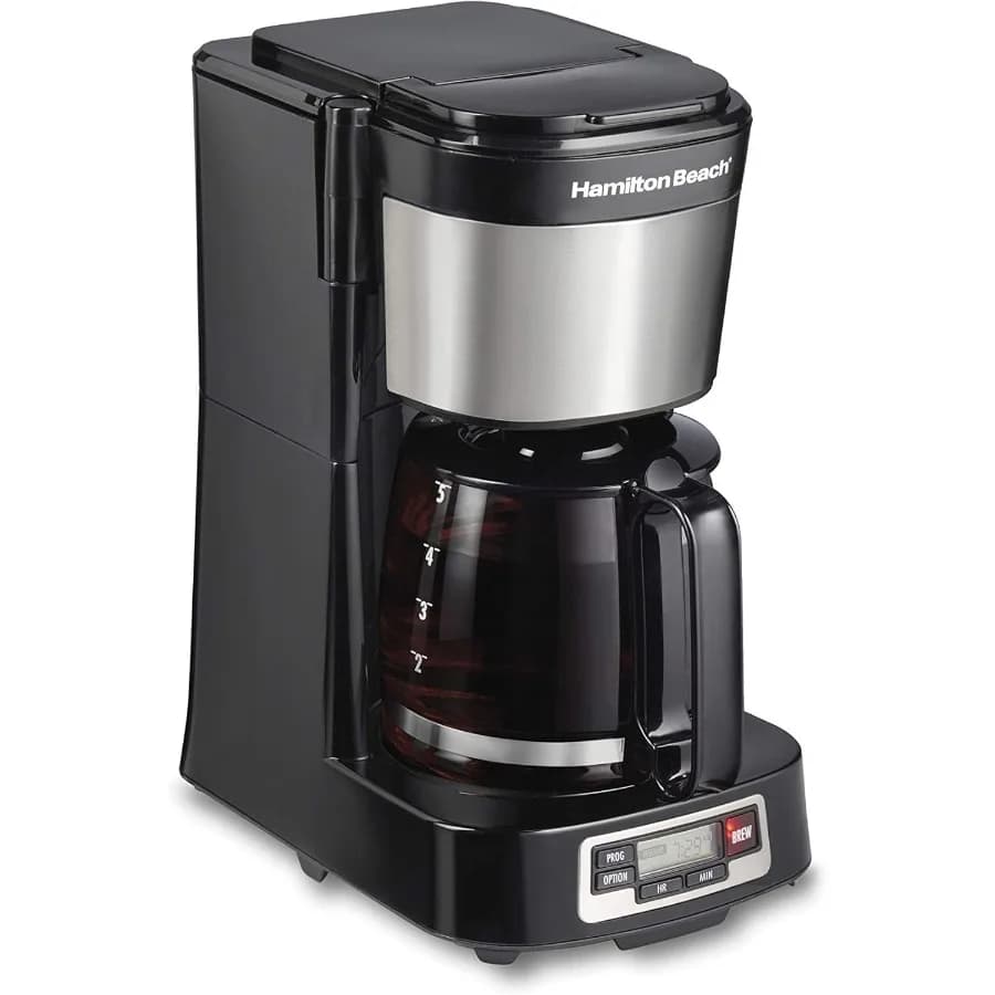 5 cups drop coffee maker with basket Easy FrontFill Compact Design Programmable watch Glass carafe Automatic and pouring Black Sta