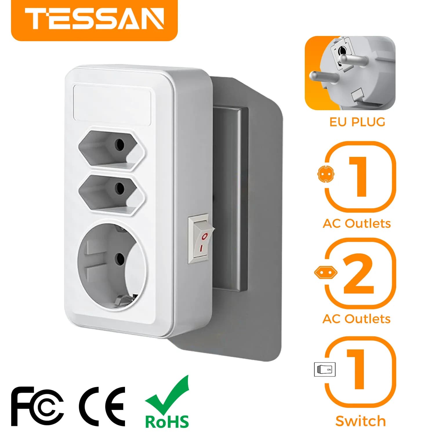 TESSAN Adattatore per prese multiple a 3 vie con interruttore Presa multipla UE per presa Spina multipla da 4000 W per presa