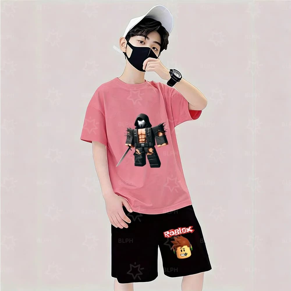 Set di T-Shirt per Bambini con Stampa Graffiti Roblox alla Moda, Design con Cuffie e Occhiali da Sole in Stile Hip Hop