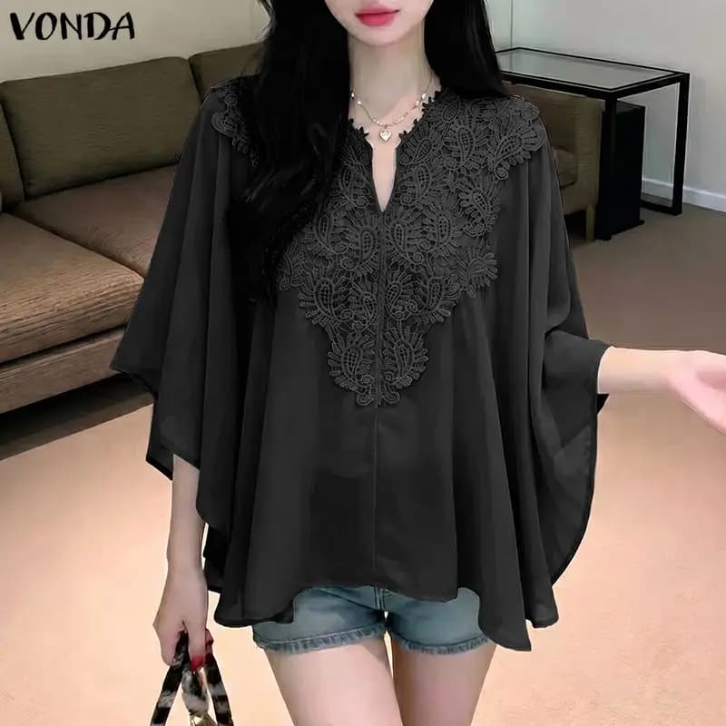 VONDA Tunica Elegante Plus Size da Donna con Inserti in Pizzo, Blusa a Maniche a Pipistrello 3/4, Scollo a V, Casual Estiva con Volant