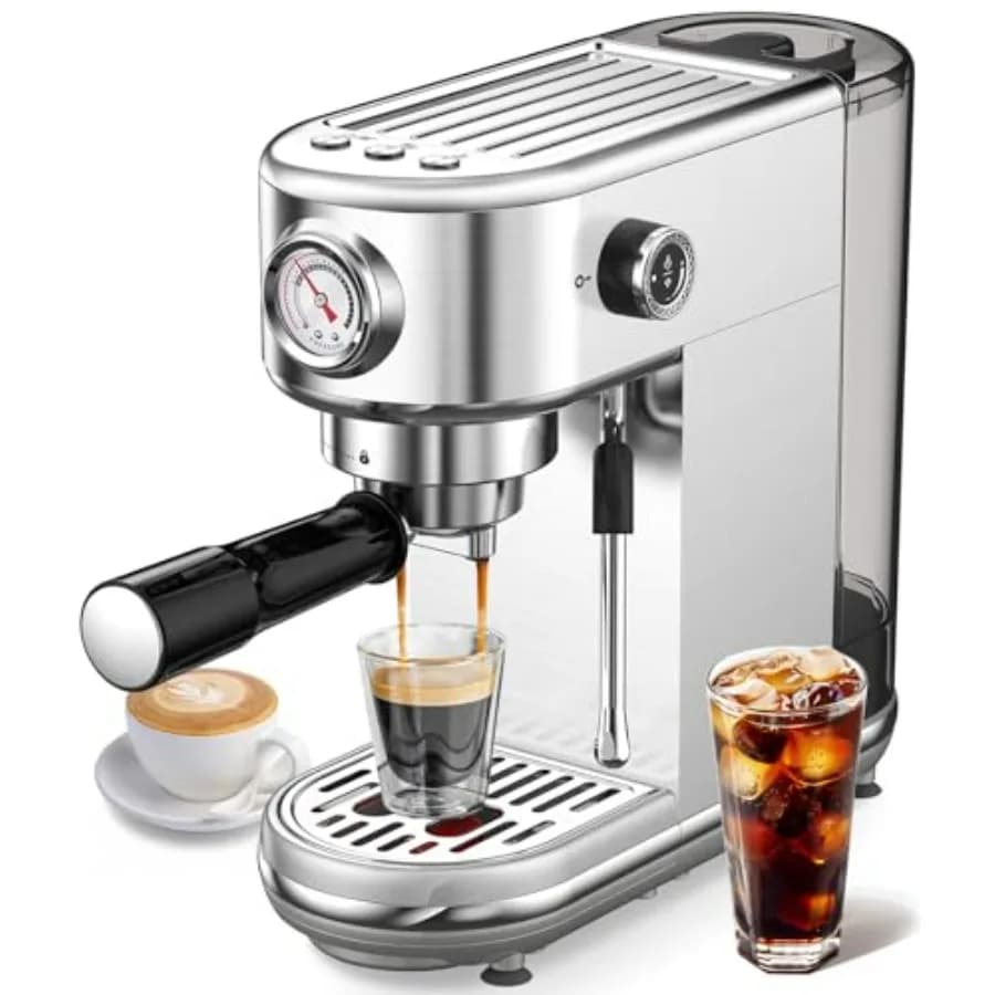 Macchina per Espresso Compatta in Acciaio Inox con Pressione di 20 Bar e Montalatte, Serbatoio d'Acqua Rimovibile da 44 OZ, Ideale per Casa e Ufficio
