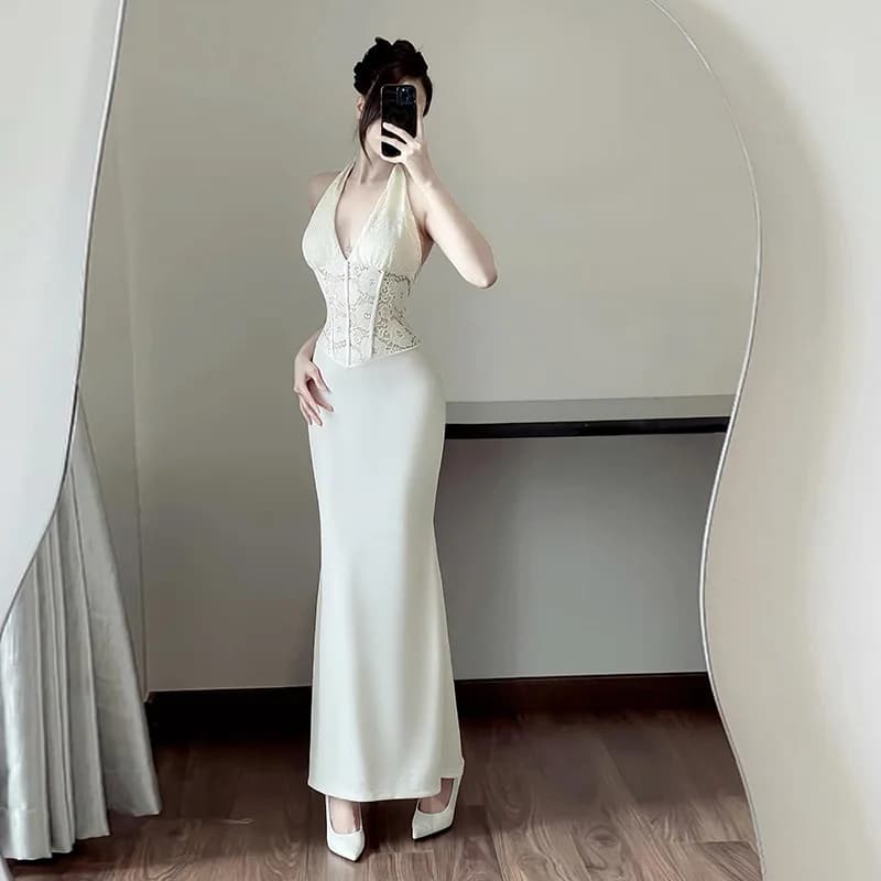 Abiti lunghi da donna eleganti estivi Abiti da festa sexy in pizzo appesi Abiti da festa Donna Vestido Con Corsetto Abiti da sposa
