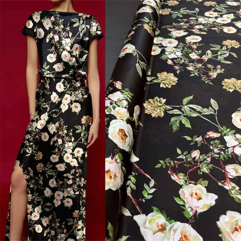 Summer New Style 140cm Width 21mm Silk Elastic Thread Satin Black Bottom Printed Fashion Fabric High end DIY Sewing Silk Fabric