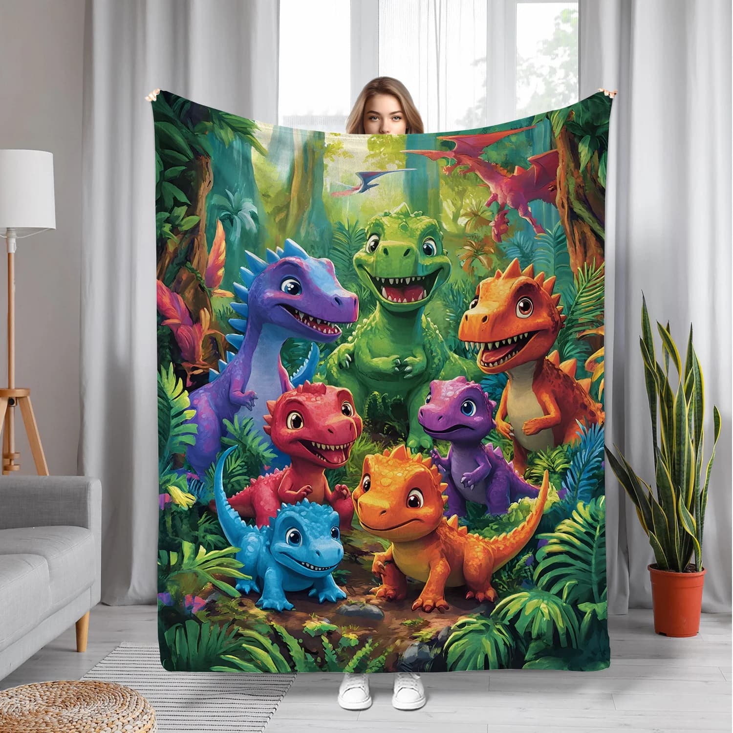 Coperta stampata in flanella con motivo giungla di dinosauro cartone animato adatta a tutte le stagioni adatta per divano da ufficio e viaggi