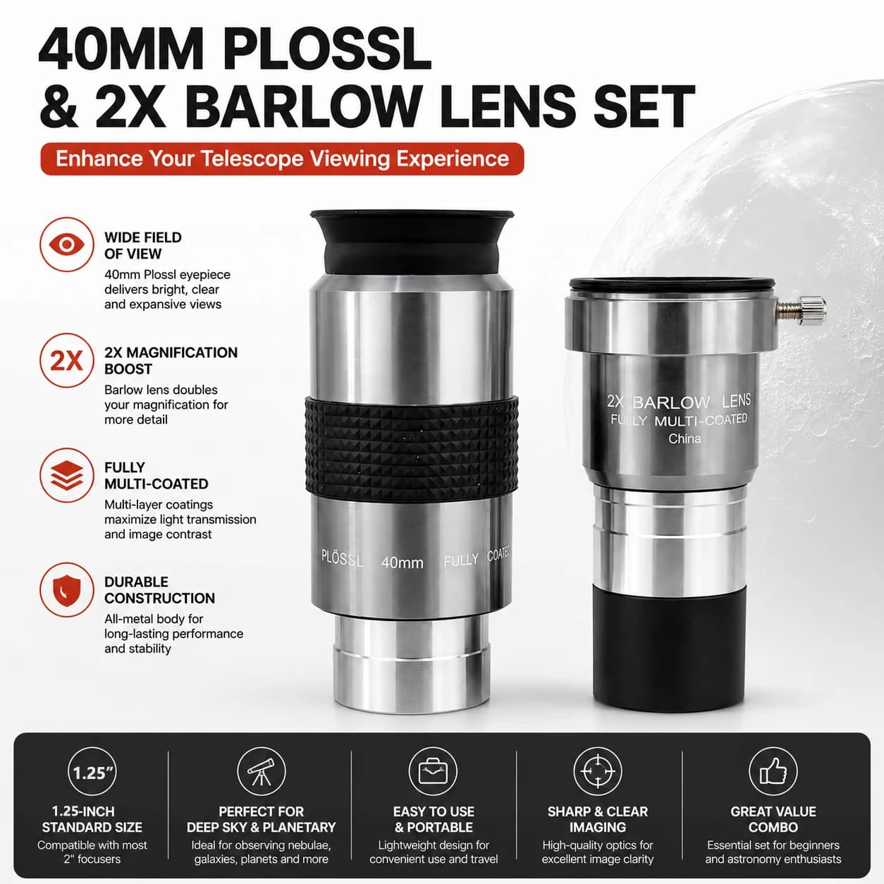 1.25" 40mm Plossl Telescope Eyepiece with 2X Barlow Lens Set, Fully Multi-Coated Wide Angle Astronomy Accessory Kit