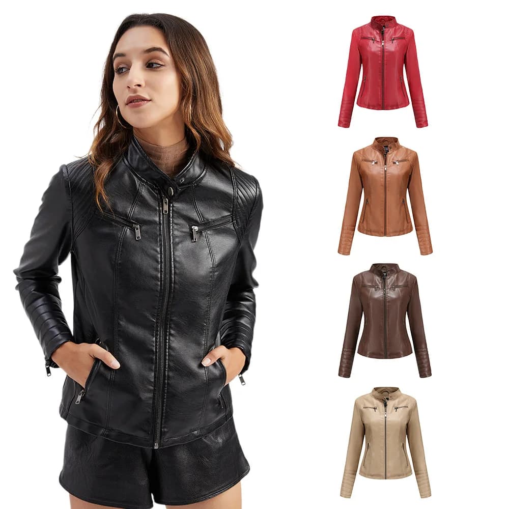 New Women's Leather Jacket Thin Motorcycle Style Short Fashionable Women's Coat Spring Autumn Seasonal Artificial Leather