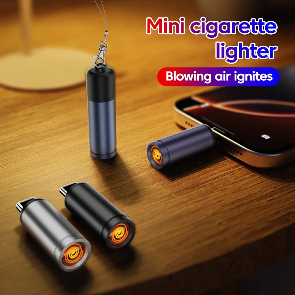Accendino USB C Mini a soffiaggio, spegnimento automatico, antivento, portatile per viaggi all'aperto, senza batteria, senza fiamma, sicuro