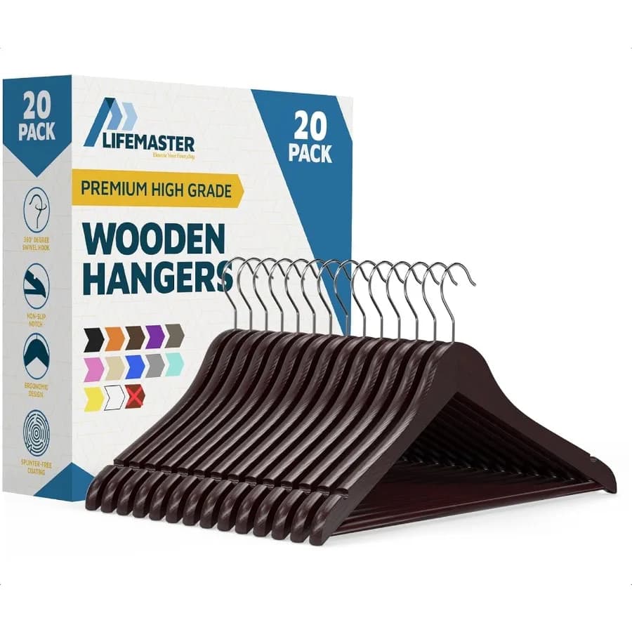 Wooden Clothes Hangers Pack of 20 Cherry 360 Degree Swivel Hook Non-Slip Shoulder Notches