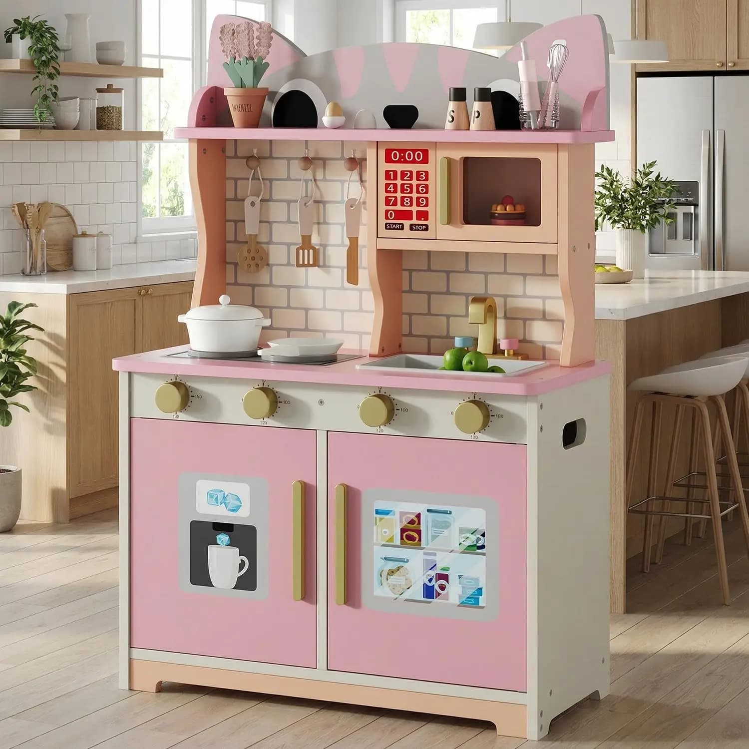 Pink Cat Design Wooden Play Kitchen for Kids Ages 3-8 – Pretend Stove, Microwave, Sink & Faucet with Clicking Knobs, Icemaker Stickers, and Storage, Learning Toy for Boys & Girls