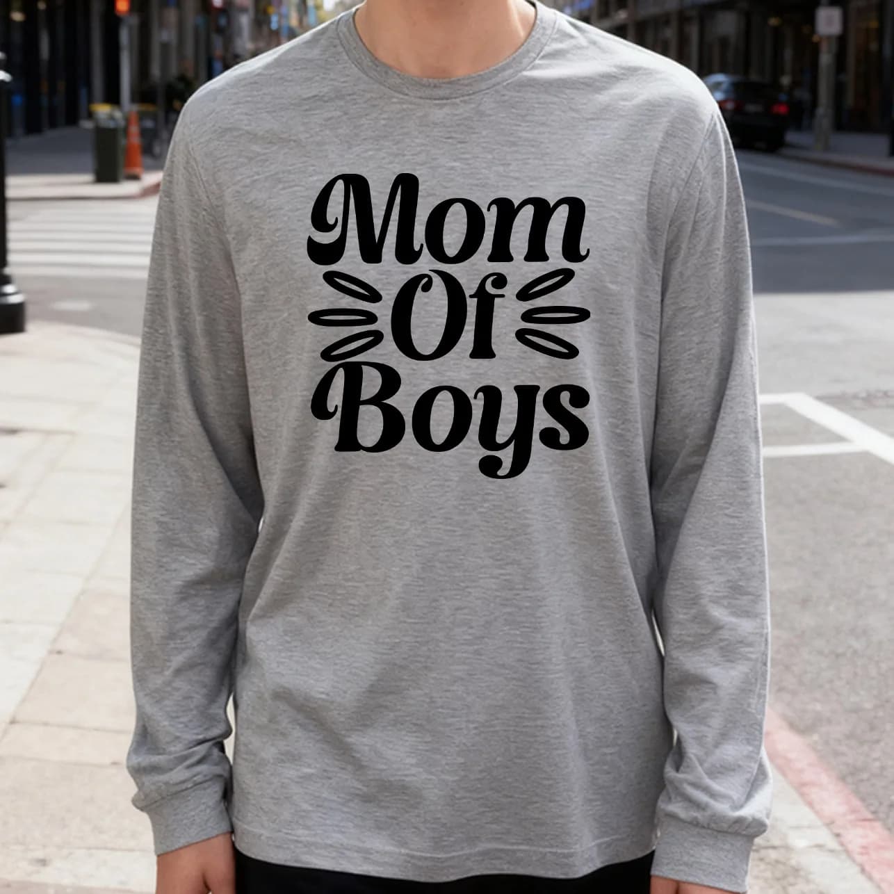 T-shirt a maniche lunghe da uomo Mom of Boys 180g 100% cotone stampato girocollo casual da indossare ogni giorno morbida e traspirante