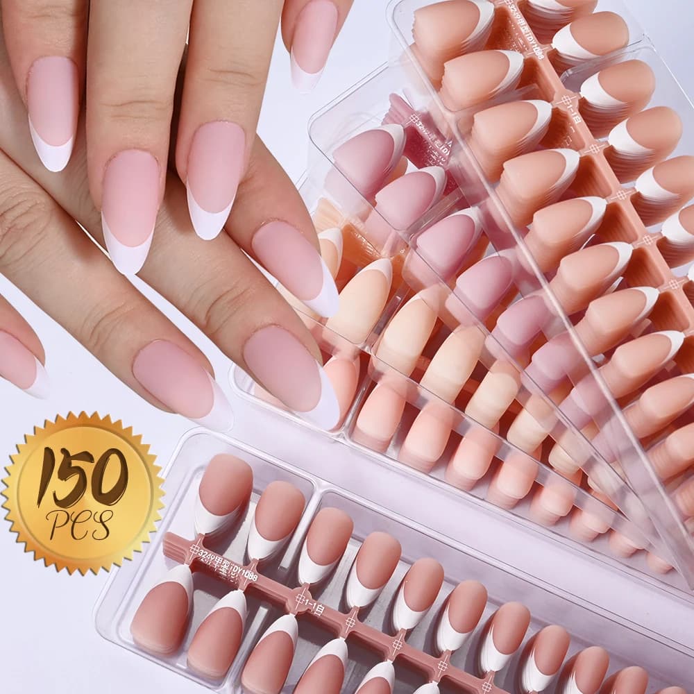 150 pieces nail tips in french gel print on nails cover complete extension in the shape of pink almond nude nails fake nail art for you # 15 size