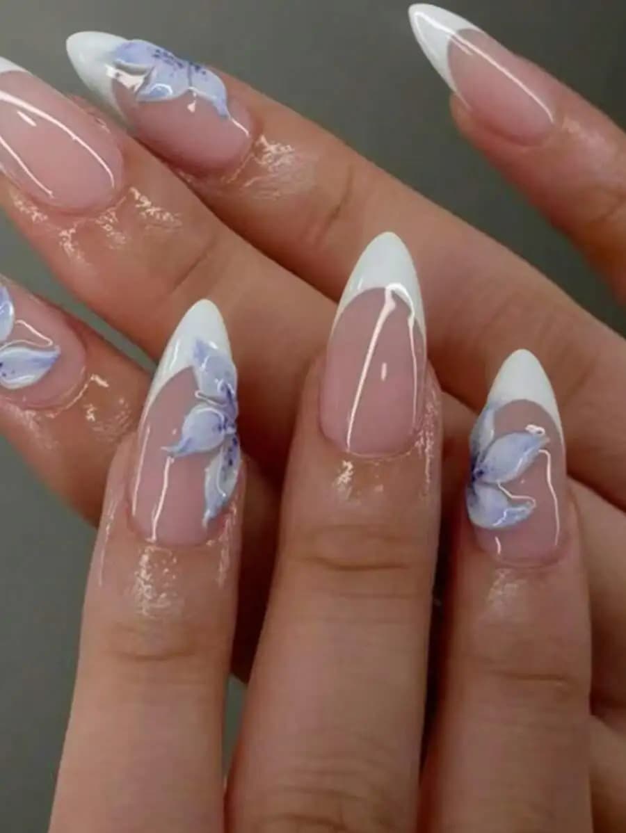 24pcs Almond-Shaped 3D Gel Nail Stickers, Create Floral Nail Art, French Tip Design, Almond Shape Perfectly Fits Acrylic Nails
