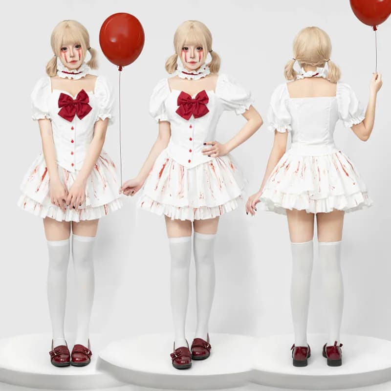 Halloween Gothic Style Blood Stained Dress Cosplay Vampire White Bow Skirt Performance Outfit Carnival Party Horror Costume