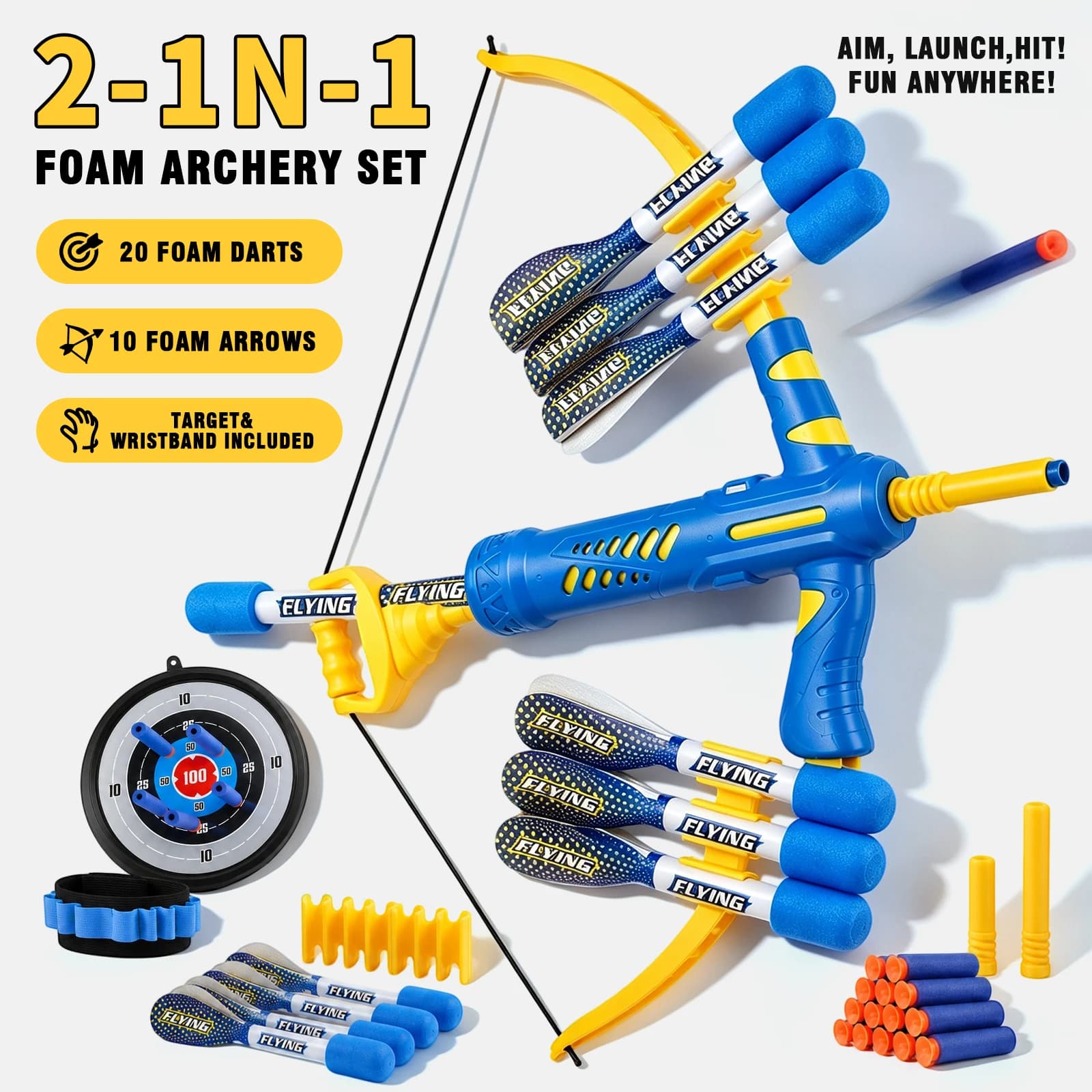 MQUDUO 2 in 1 Foam Archery Set for Kids, Bow Toy with Target 10 Foam Arrows 20 Darts Wristband, Birthday Party Gift