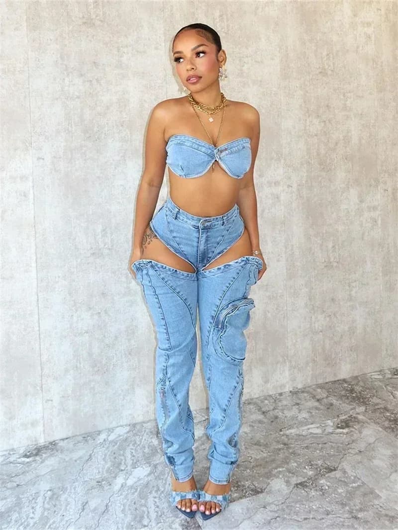Set da 2 pezzi in denim sexy Completi da donna Abiti estivi Donna 2025 Reggiseno senza spalline Crop Top e pantaloni a fessura Set Jeans da festa Set da donna