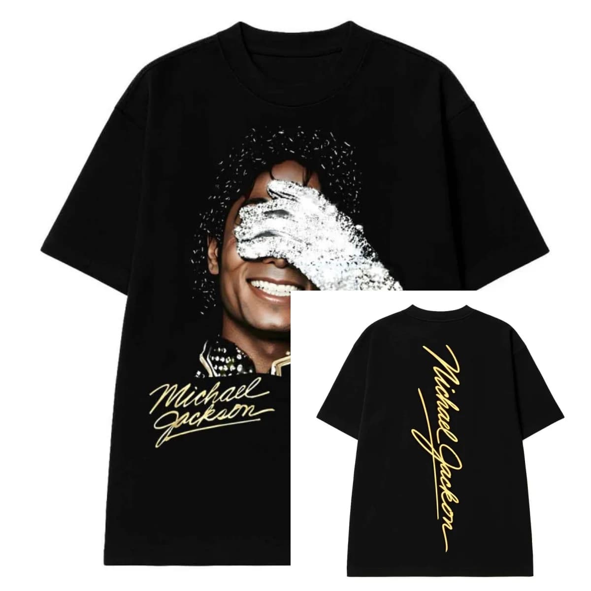 T-shirt con ritratto di Michael Jackson e firma in oro, t-shirt grafica in cotone 100% per uomo e donna, top streetwear estivo