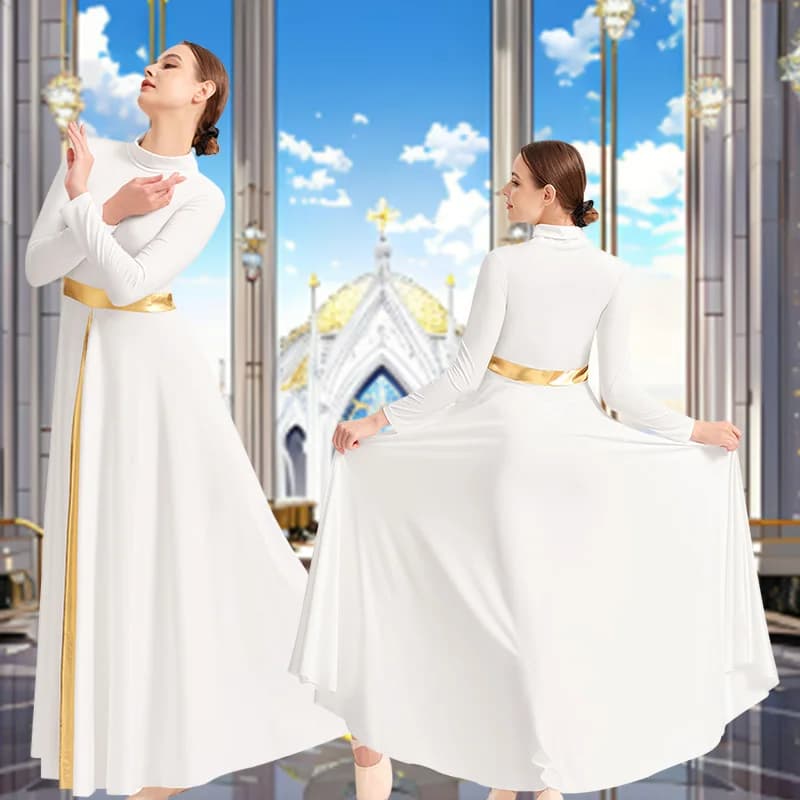 Abito da danza liturgica a maniche lunghe da donna per adulti, con collo alto a pieghe e gonna svasata, ideale per il culto in chiesa
