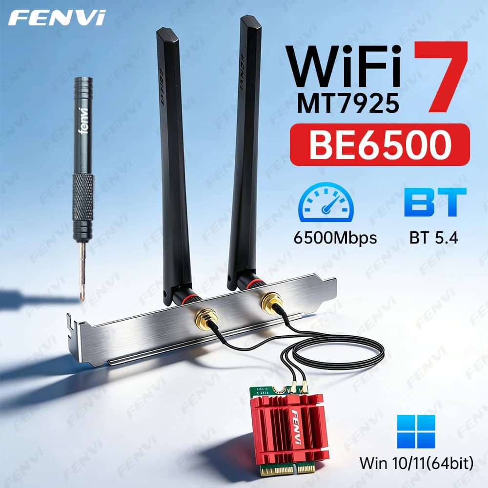 Scheda Wireless fenvi BE6500 WiFi 7 M.2 Bluetooth 5.4 Tri-band 2.4G/5G/6GHz WiFi7 MT7925 Adattatore di Rete con Antenna Kit Desktop per W