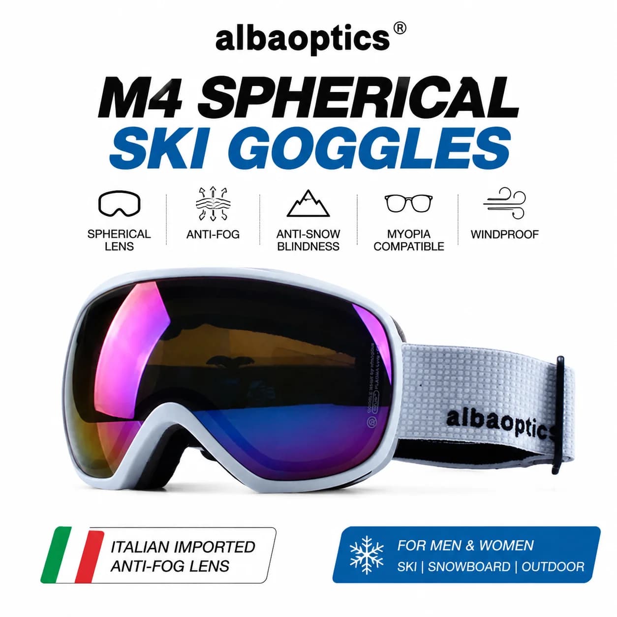 ALBA M4 Spherical Ski Goggles Anti-Fog UV400 Snowboard Glasses Myopia Compatible Windproof Outdoor
