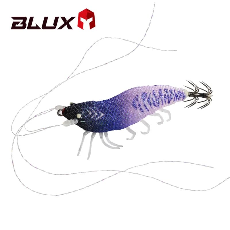 BLUX Esca a Forma di Gamberetto in Legno a Lenta Affondabilità 8cm 8g Eging 2.5 # Amo da pesca artificiale EGI luminoso UV per polpi, seppie e calamari