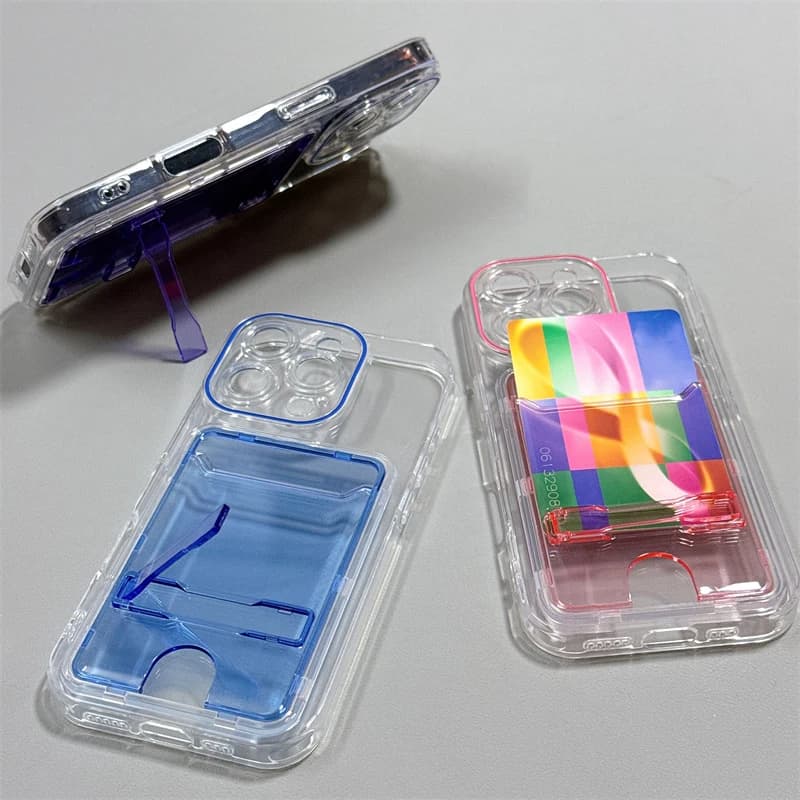 Custodia con supporto per borsa a portafoglio con slot per schede trasparenti per iPhone 17 Air 16 15 14 13 12 11 Pro Max Cover posteriore con staffa morbida per foto