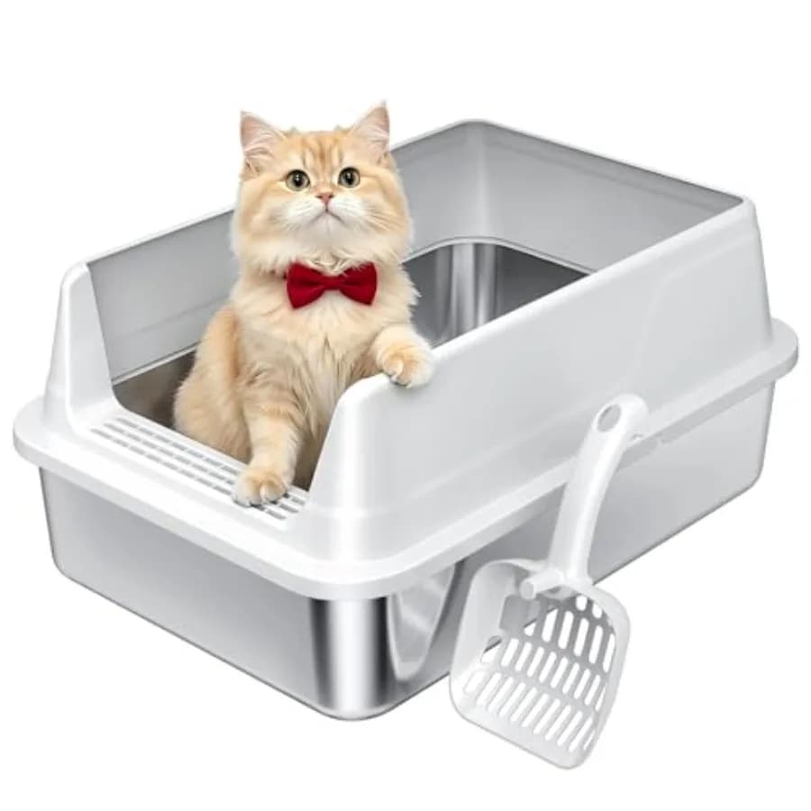 Stainless Steel Litter Box with High Sides, Small Metal Litter Box for Kittens and Senior Cats, Open Top Low Entry Non-Stick Ea