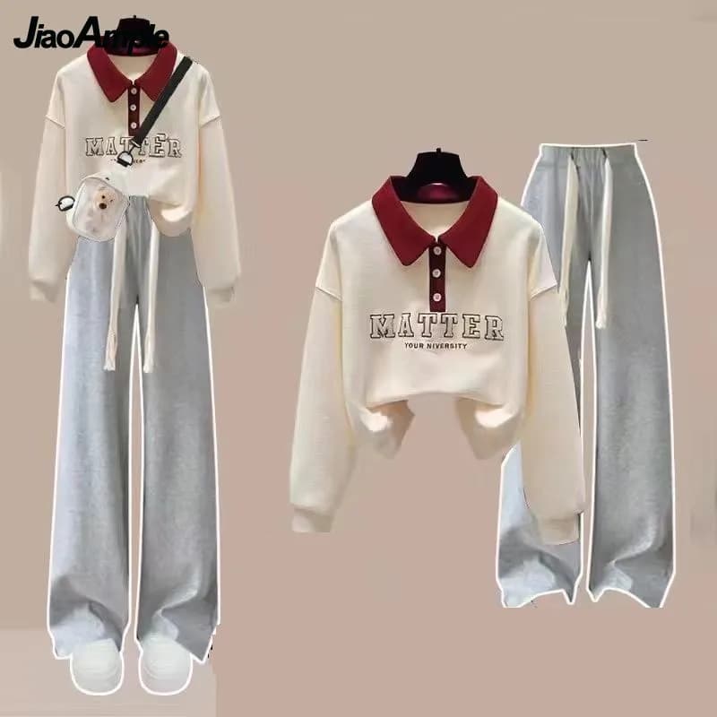 2025 Spring Autumn New in Matching Set Women Loose Polo Long-Sleeve Sweater Blouse+Pants Two Piece Korean Elegant Tracksuit Suit
