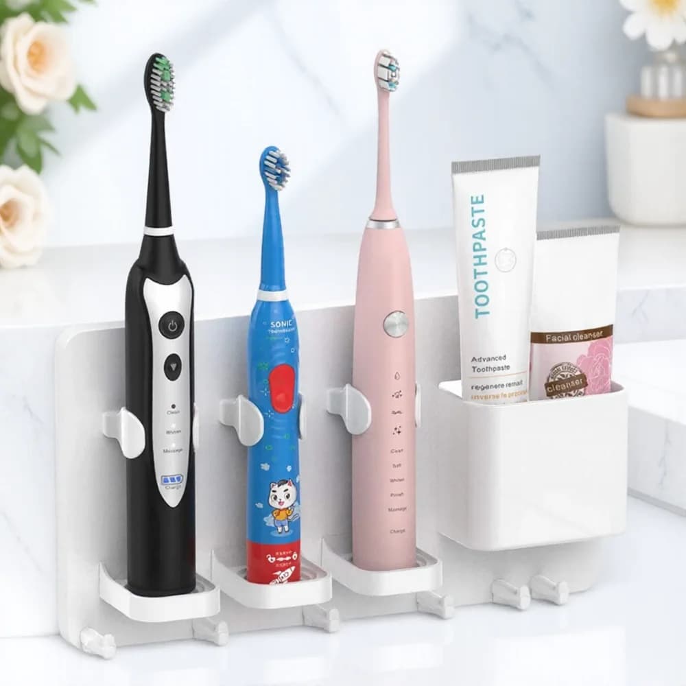 Wall mounted electric brush holder for three family, brush rack without punching, bathroom organizer holders