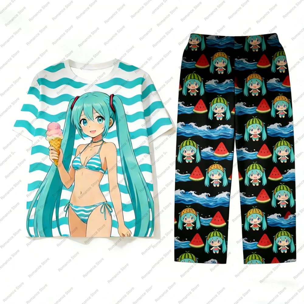 T-shirt e pantaloni a maniche corte da donna con stampa Hatsune Miku Set estivo casual con stampa 3D Set di top sportivi da uomo carino estivo