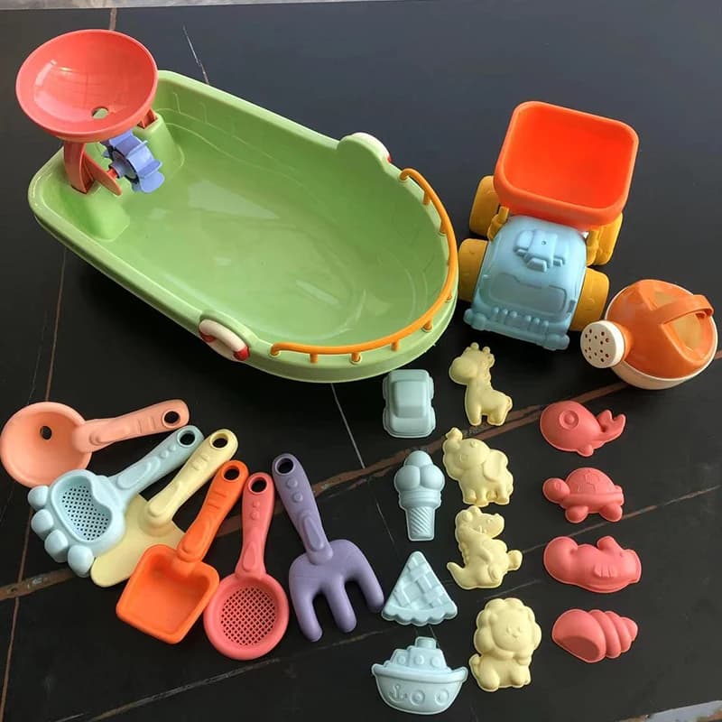 Set Giochi da Spiaggia per Bambini con Carrello, Pala, Stampi a Forma di Animali e Accessori per Giochi con Sabbia e Acqua all'Aperto
